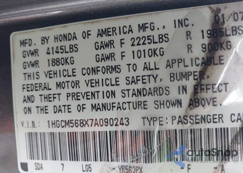 2007 Honda Accord 2.4 Ex из США, поврежденный, VIN 1HGCM568X7A090243